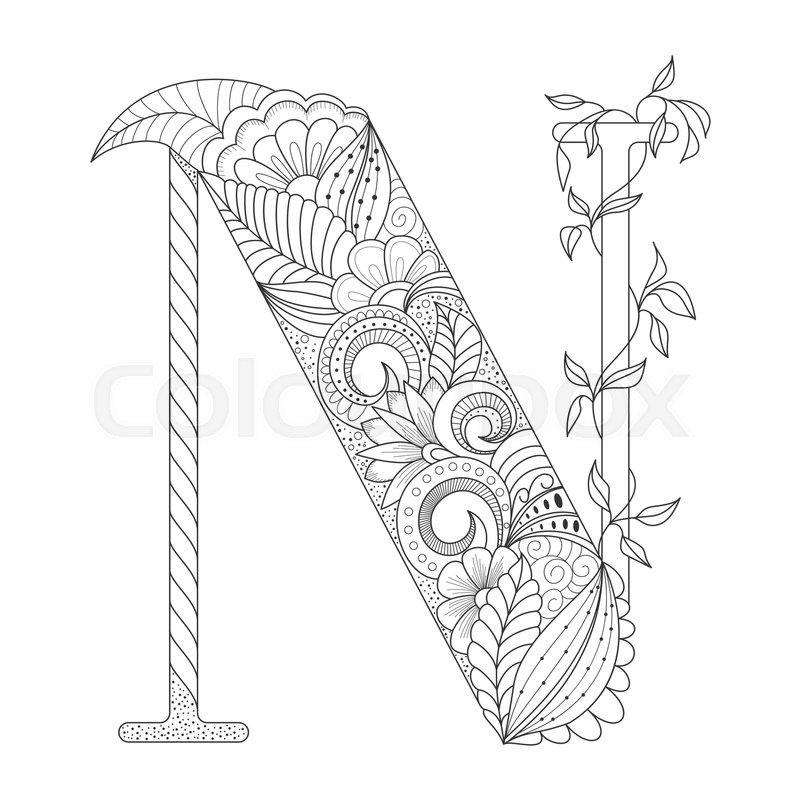800x800 Black Line Letter N With Doodle Floral Ornament. Coloring Page