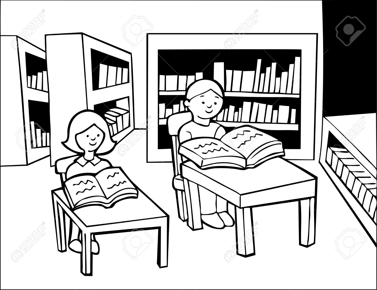 1300x1001 Children Library Reading Line Art Boy And Girl Sitting At Desks