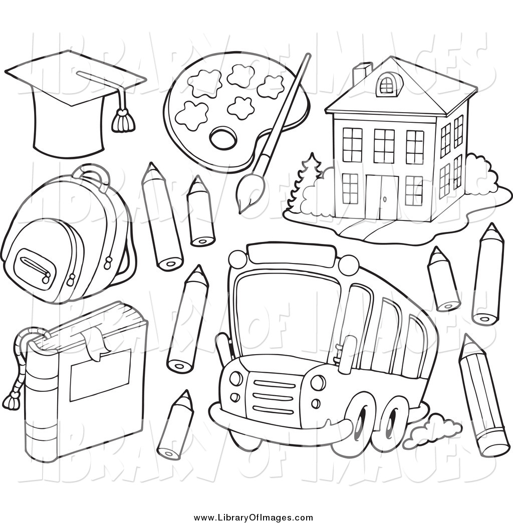 1024x1044 Clip Art Of Black And White School Items A Bus And Building By