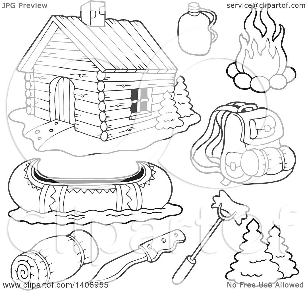1080x1024 Clipart Of A Black And White Lineart Cabin And Recreation Items