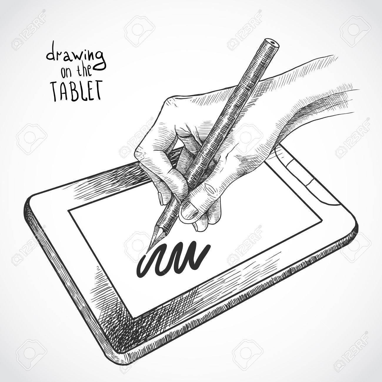 1299x1300 Hand Drawing On The Tablet With Graphite Pencil Sketch Isolated