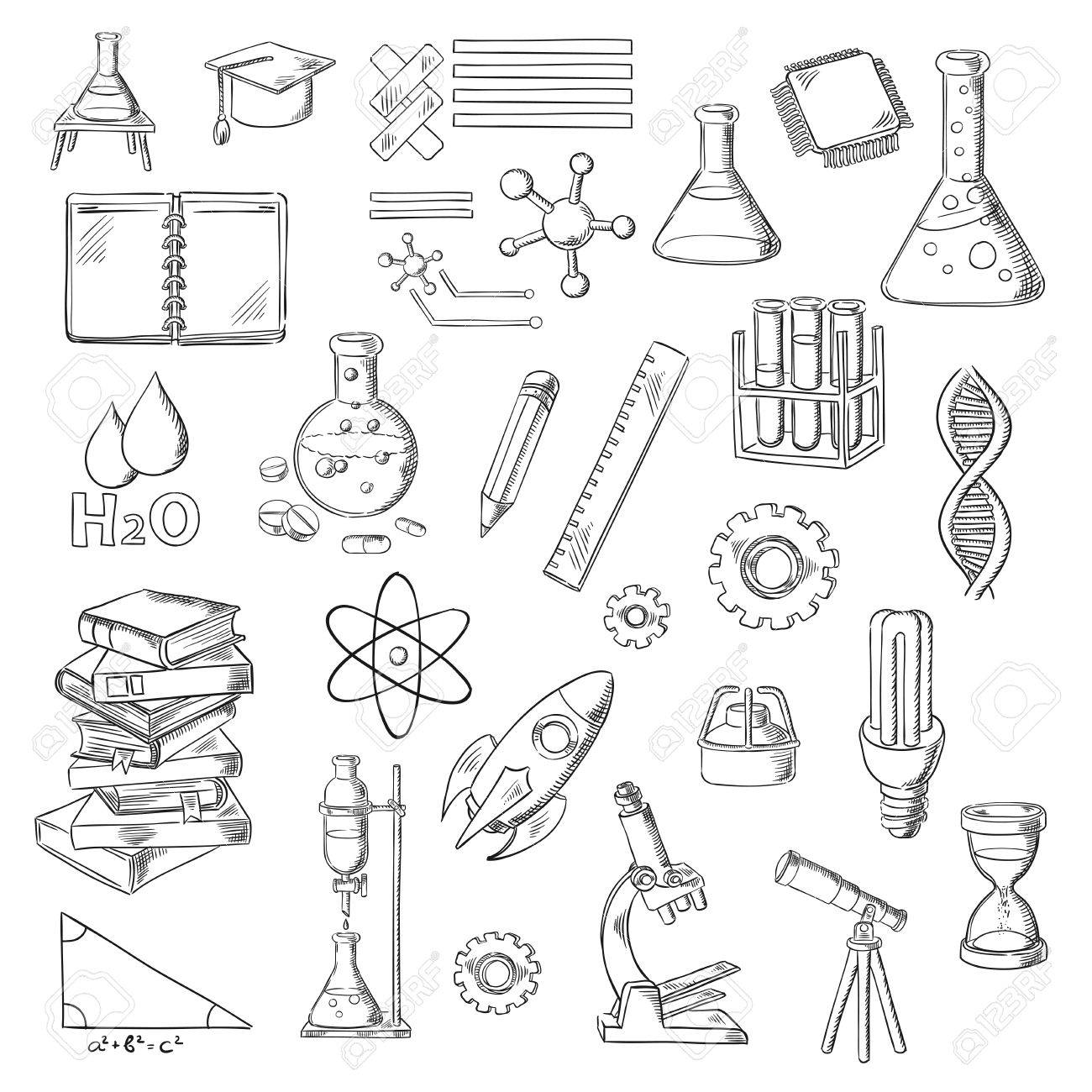 1300x1300 Science, Education And Laboratory Experiments Sketches With Books