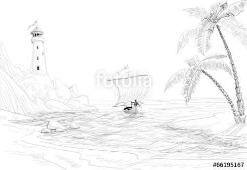500x344 Seascape Sketch, Lighthouse, Boat Palm Trees Stock Image