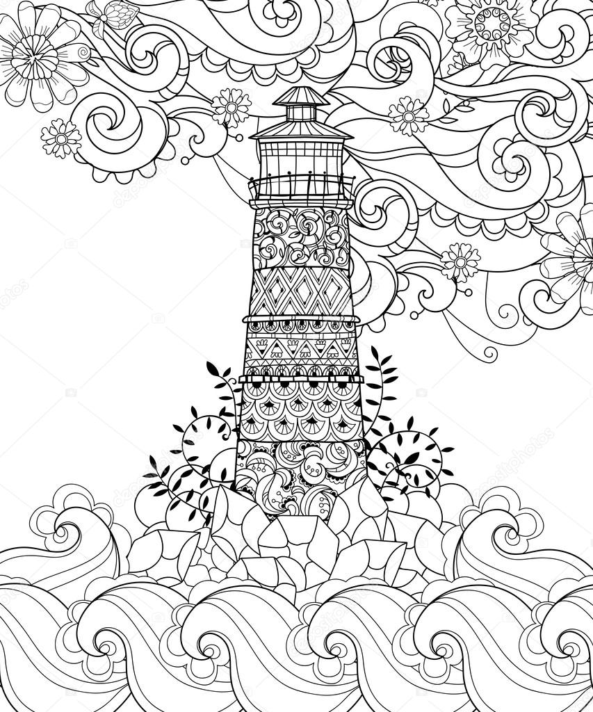 853x1024 Hand Drawn Doodle Outline Lighthouse Boho Stock Vector Yazzik