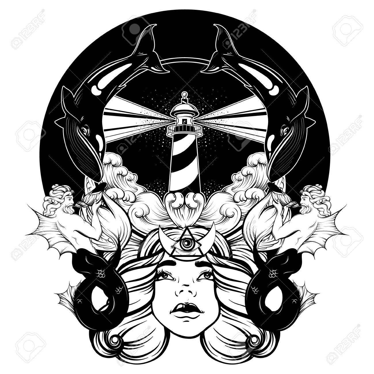 1300x1300 Vector Hand Drawn Illustration Of Lighthouse With Rays And Waves