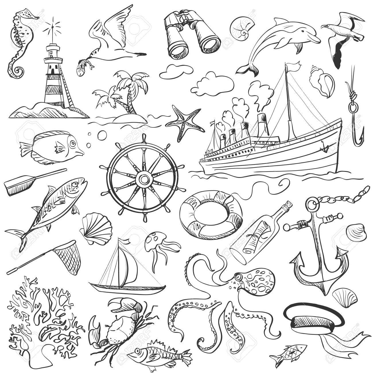 1300x1300 Hand Drawn Elements Of Marine Theme With A Lighthouse, Ships