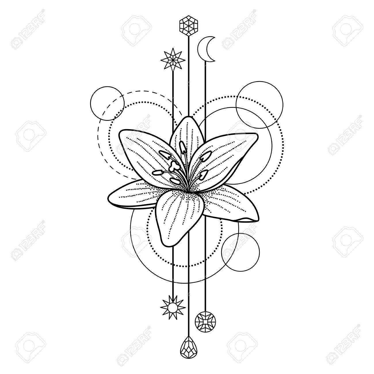 1300x1300 Abstract Floral Techno Tattoo With Lily And Geometric Elements