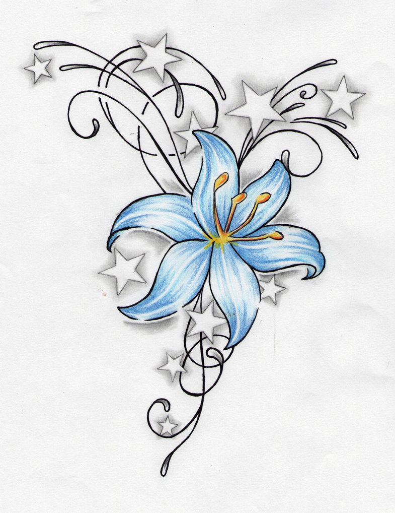 785x1018 Blue Lily Flower And Stars Tattoo Design