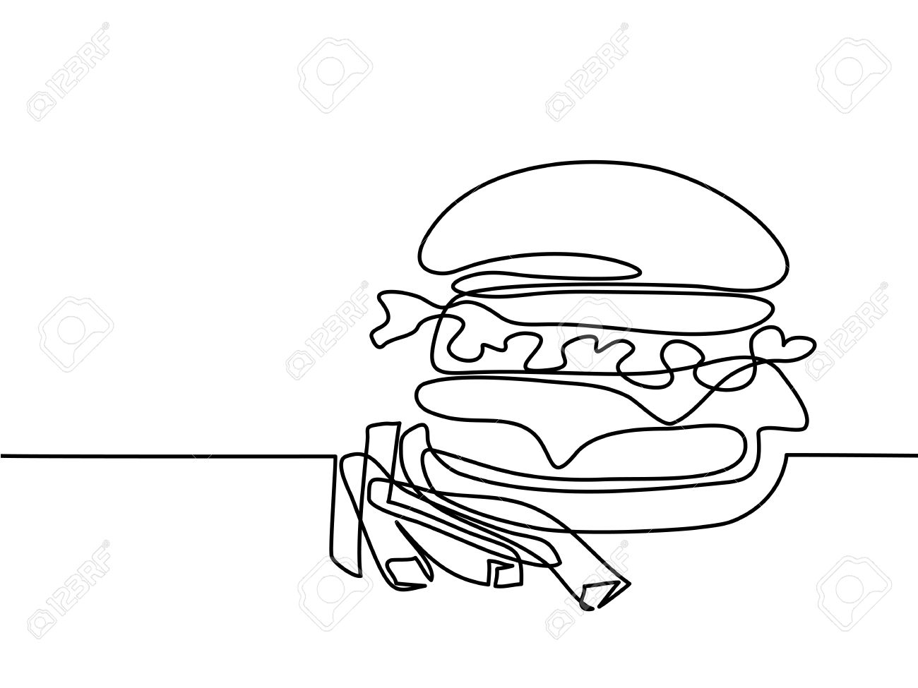 1300x975 Continuous Line Drawing. Big Hamburger With French Fries Fast
