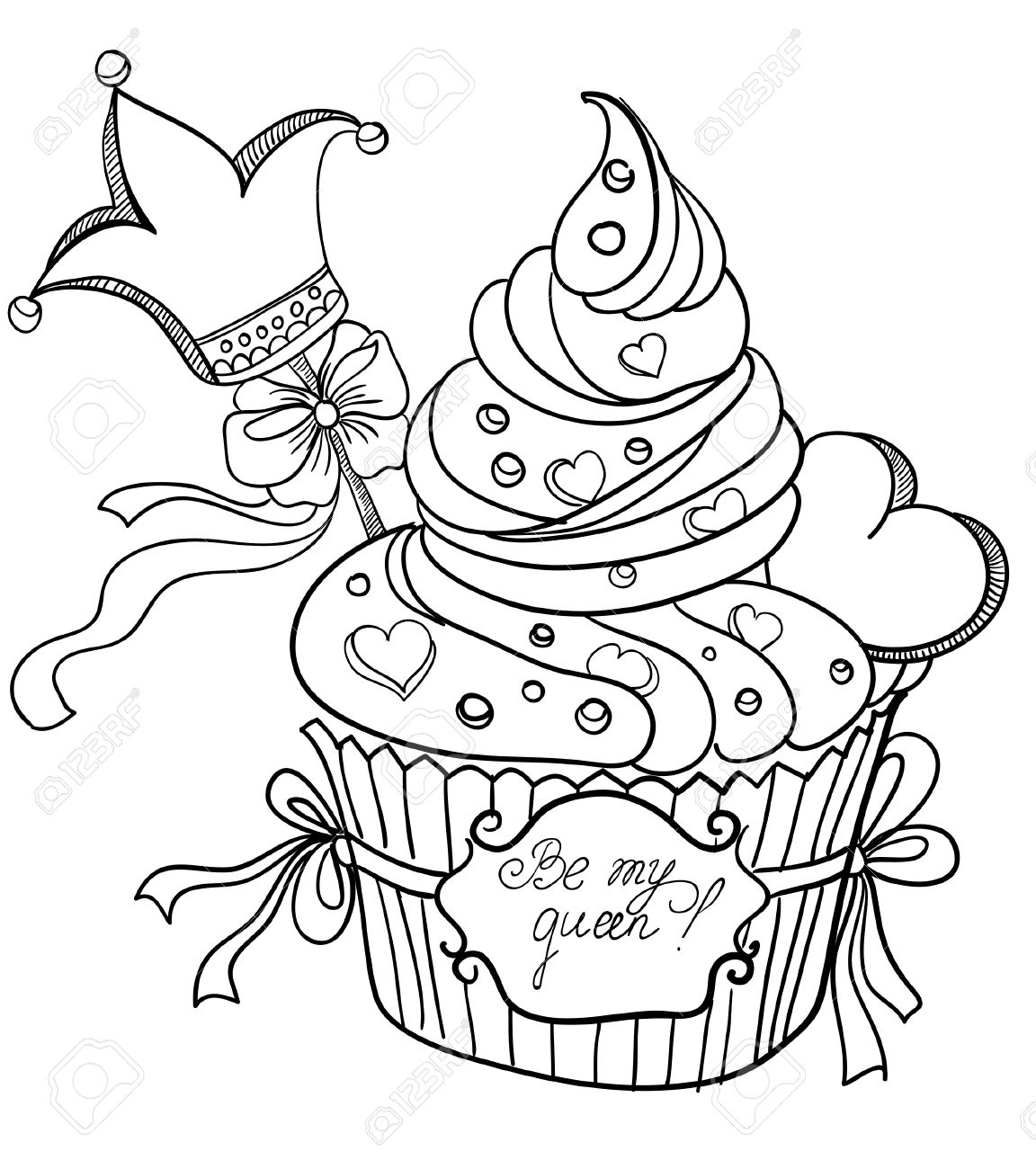 1152x1300 Vector Hand Drawing Cupcake With Crown And Hearts Royalty Free