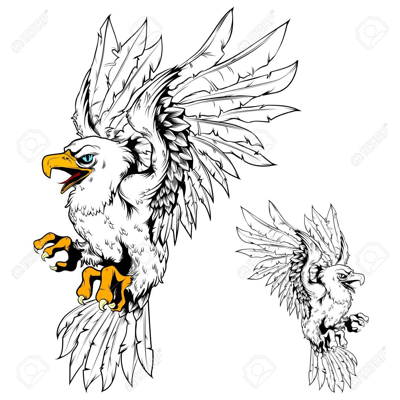 1299x1300 Vector Eagle Vintage Line Drawing Egale With Partial Colored