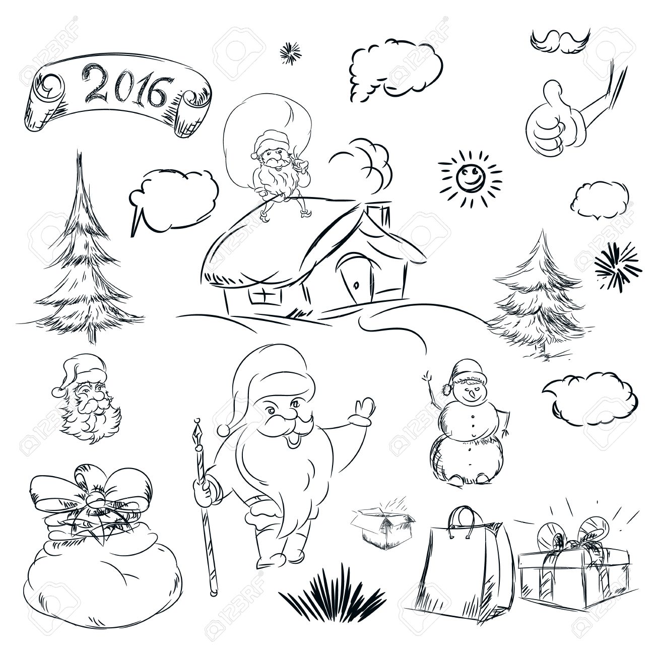 1300x1300 Pencil Sketch For Christmas With Christmas Tree And House. Hand