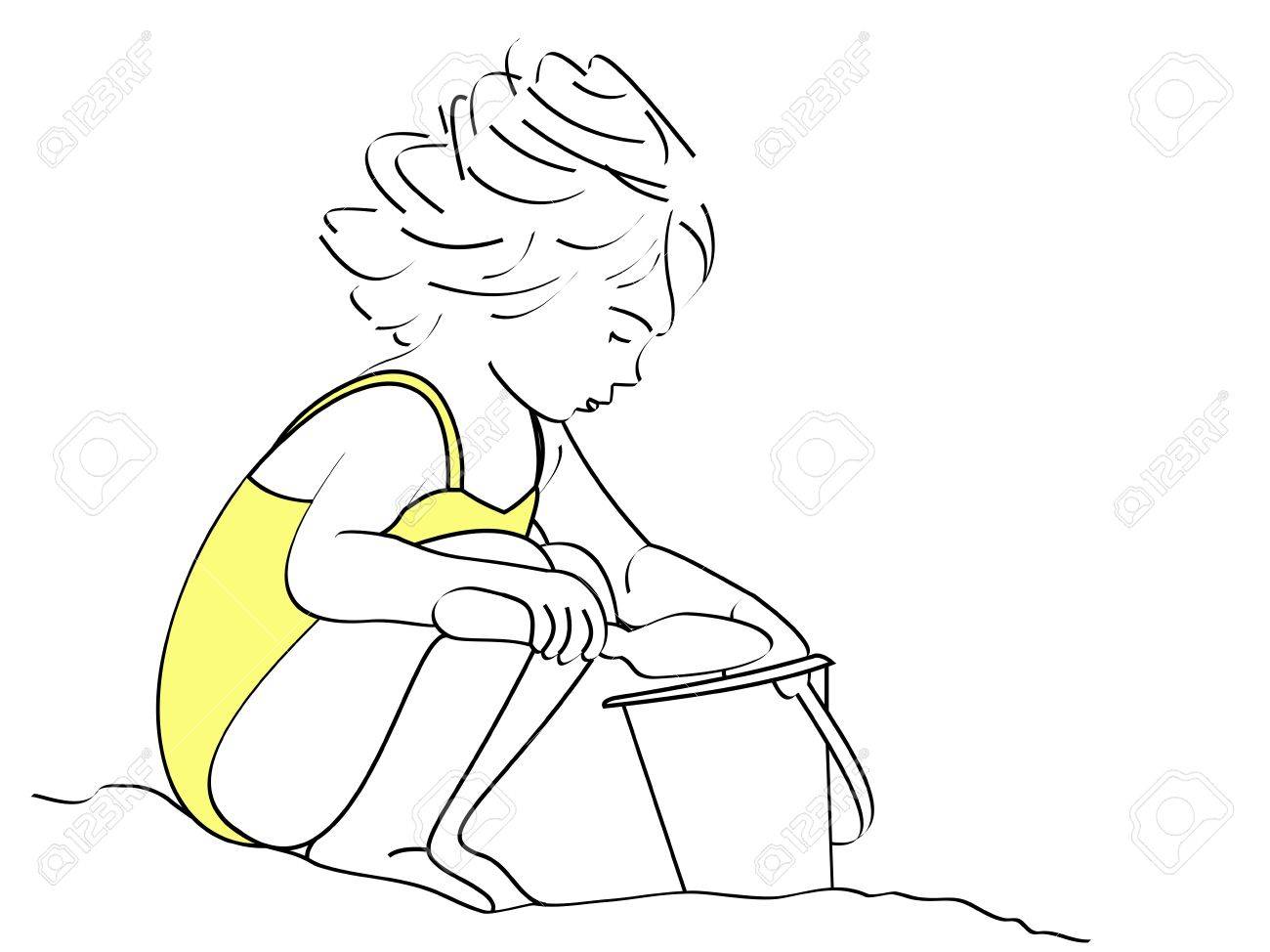 1300x974 A Line Drawing Of A Small Girl Shoveling Sand In Her Bucket