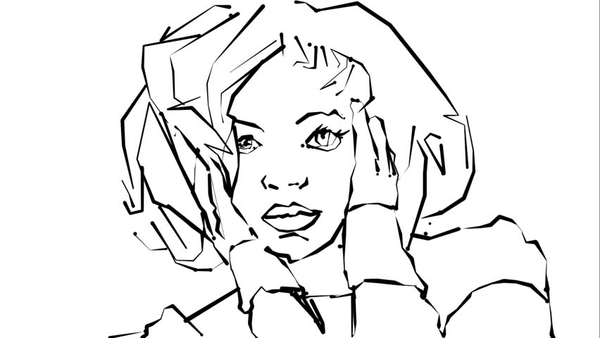 852x480 Sketch Of A Girl. Loose Line Drawing With A Colour Wash Of A Girl