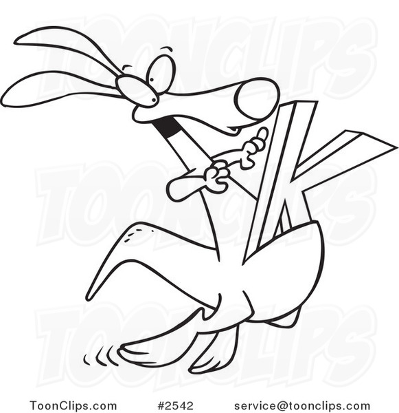 581x600 Cartoon Black And White Line Drawing Of A Kangaroo With A K In Its