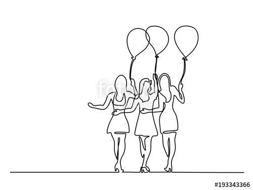 500x375 Continuous Line Drawing. Young Women With Air Balloons. Vector