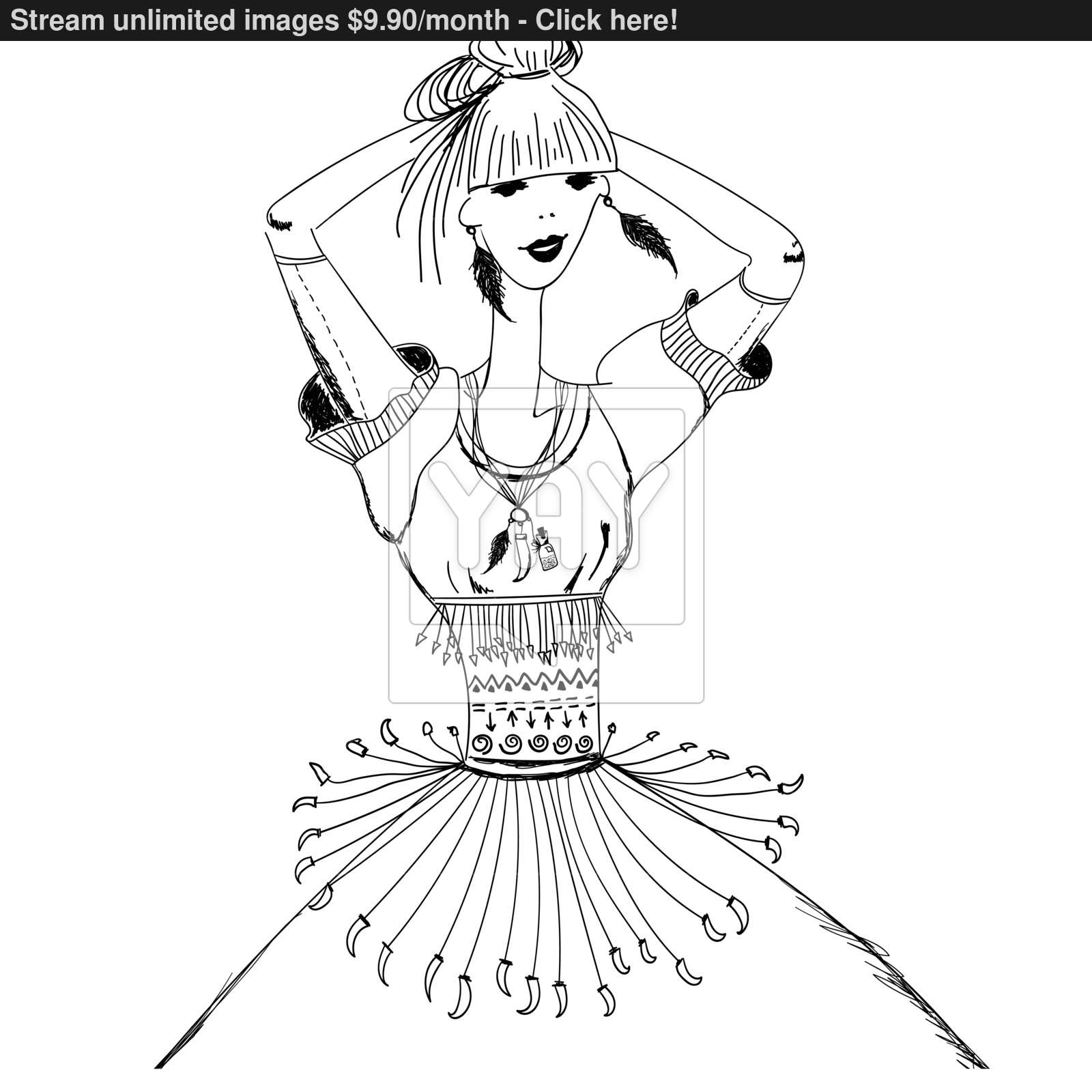 1600x1600 Sketch Girl In Tribal Dress. Boho And Gypsy Style. Linear Pattern