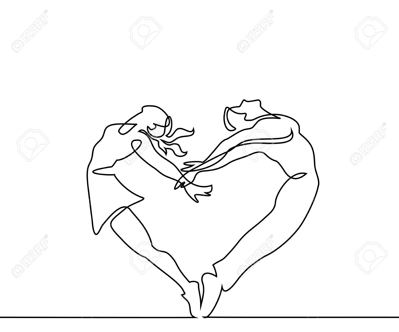 1300x1083 Continuous Line Drawing. Two People Couple Make Heart In Jump