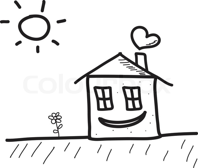 800x680 Happy Hand Drawn Sketch House With Sun And Flower Stock Vector