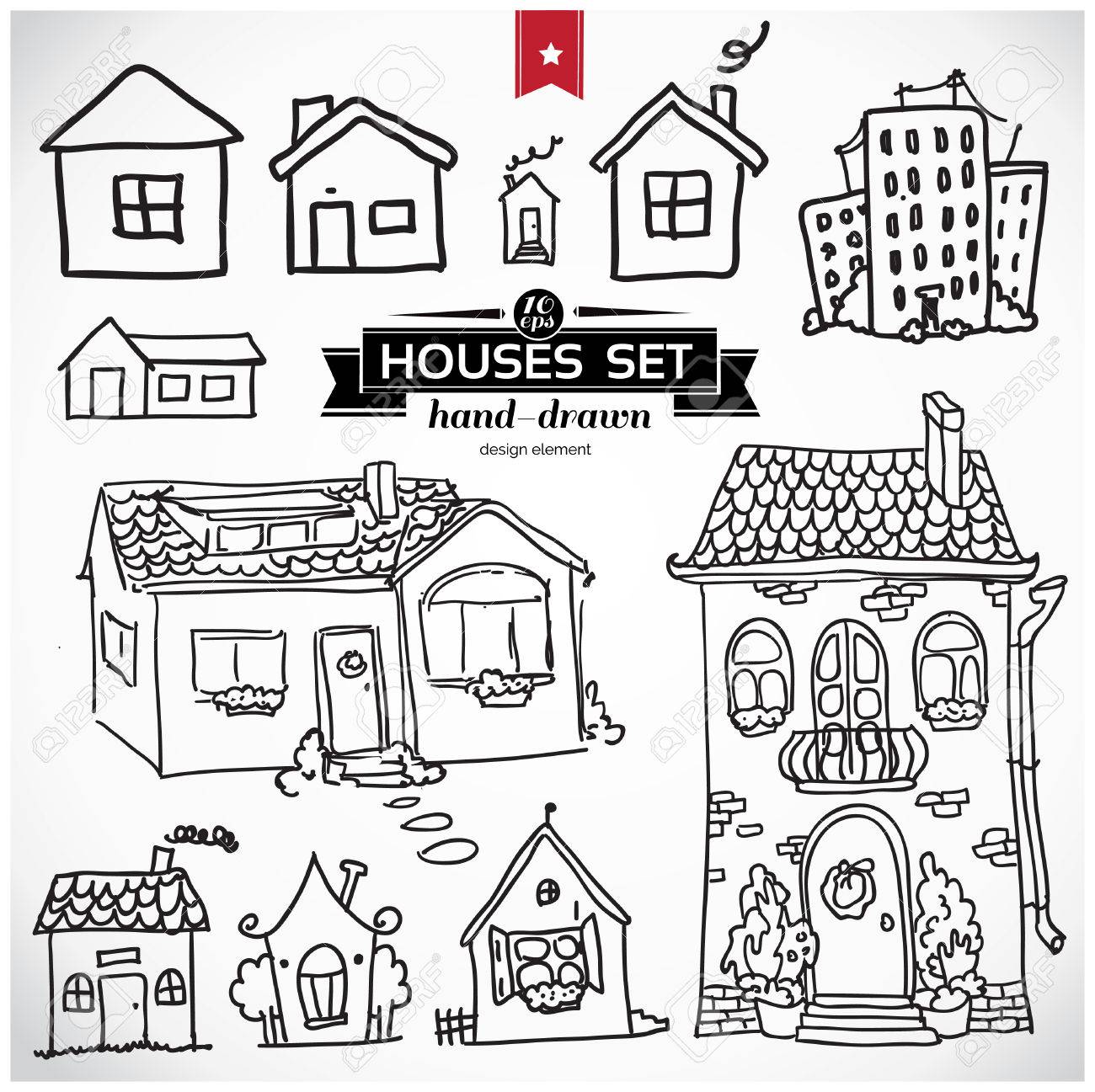1300x1297 Sketch Set Of Houses In Doodle Style Royalty Free Cliparts
