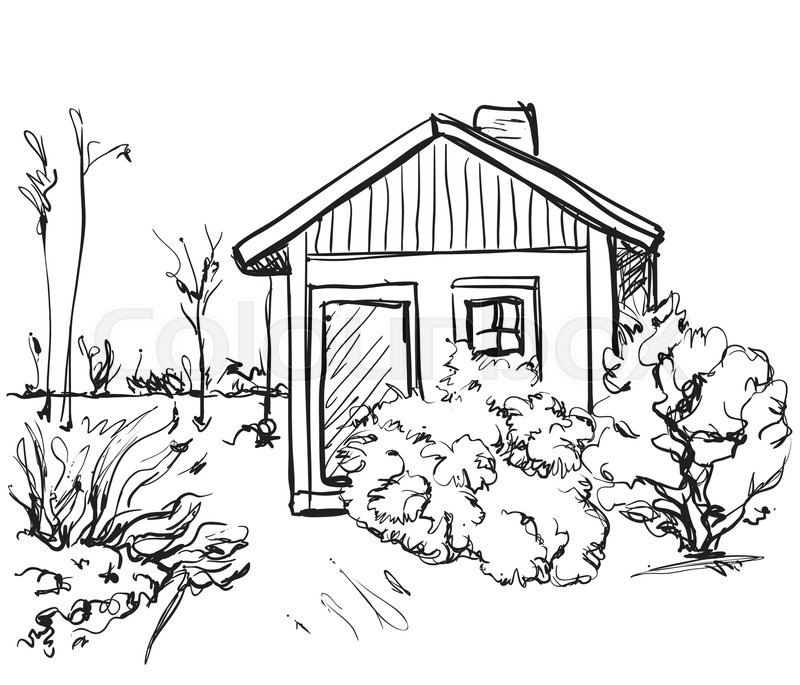 800x685 Cartoon Hand Drawing Houses. Landscape Sketch. Monochrome Stock