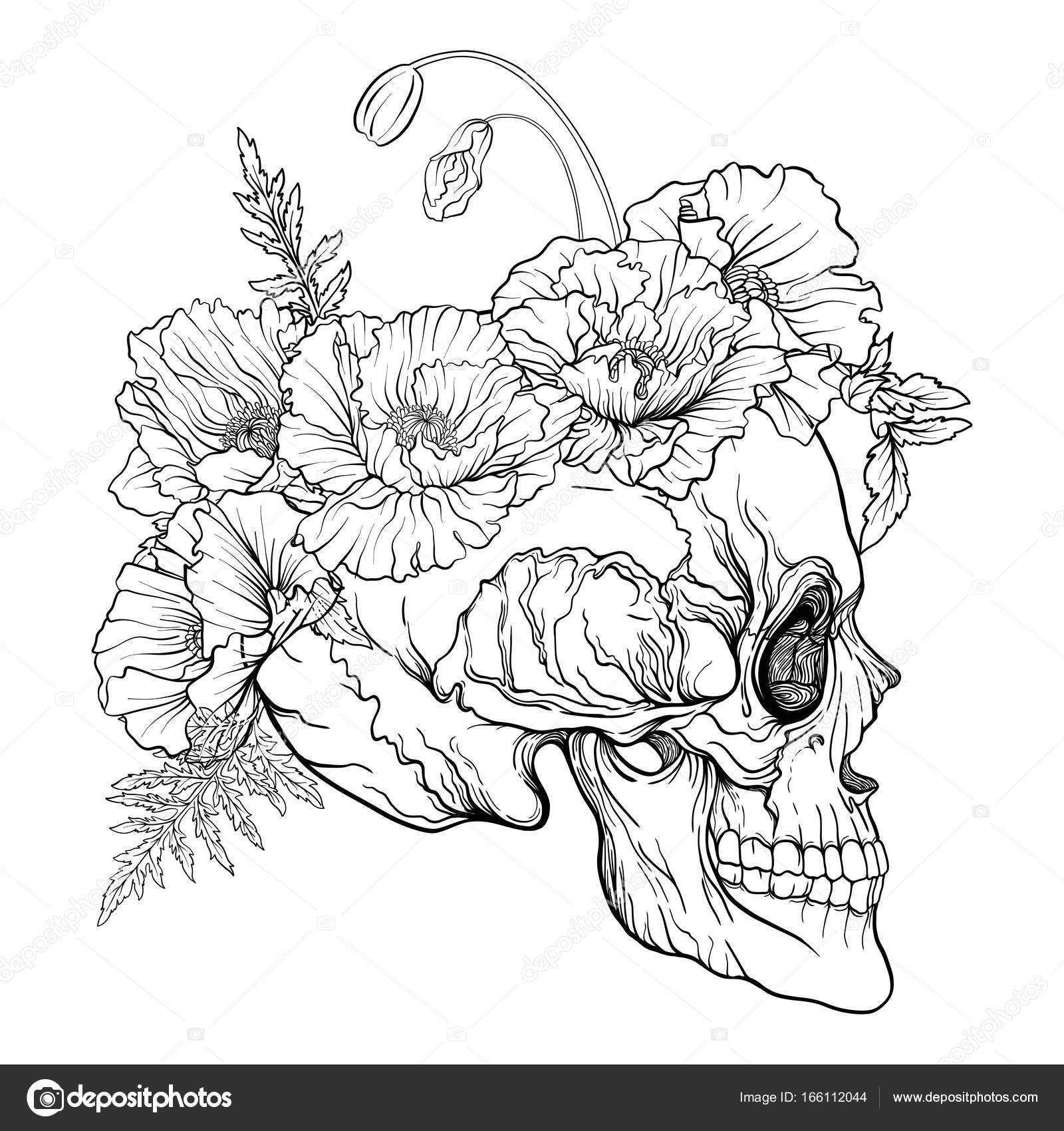 1600x1700 Sugar Skull With Decorative Pattern And A Wreath Of Red Poppies