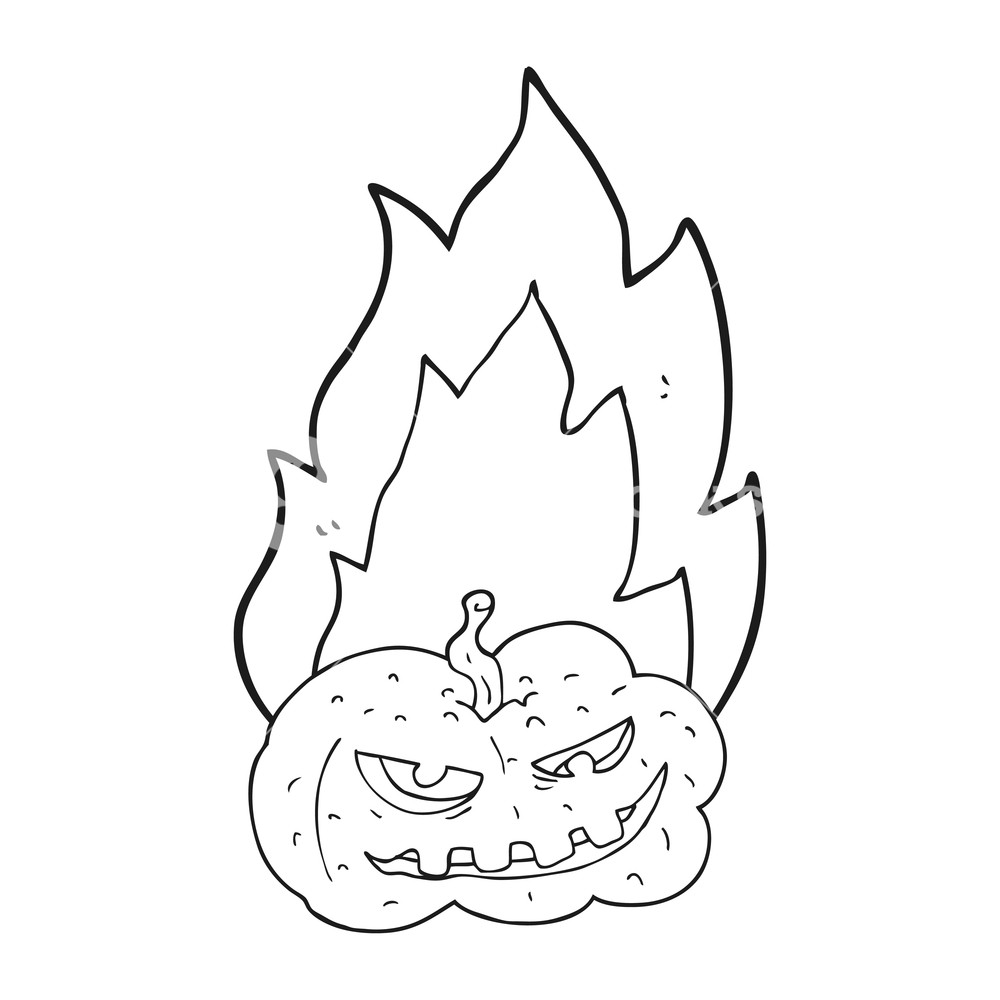 1000x1000 Freehand Drawn Black And White Cartoon Flaming Halloween Pumpkin