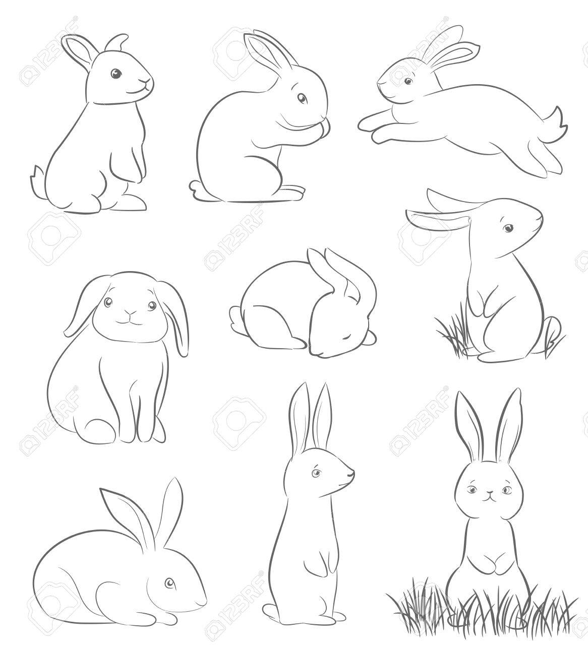 1166x1300 Set Of Cute Cartoon Rabbits. Line Art Vector Drawing Royalty Free