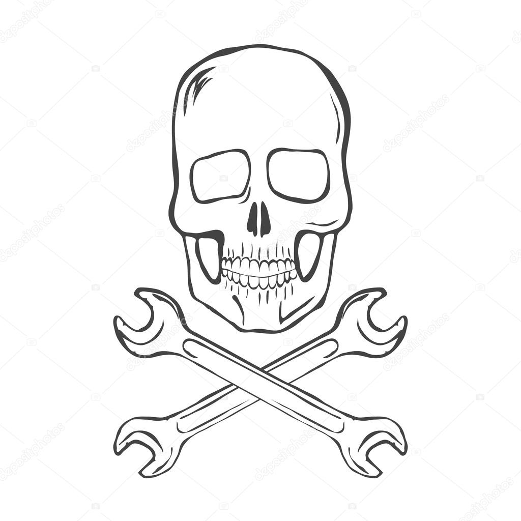 1024x1024 Hand Draw Skull With Crossed Wrenches Vector Stock Vector