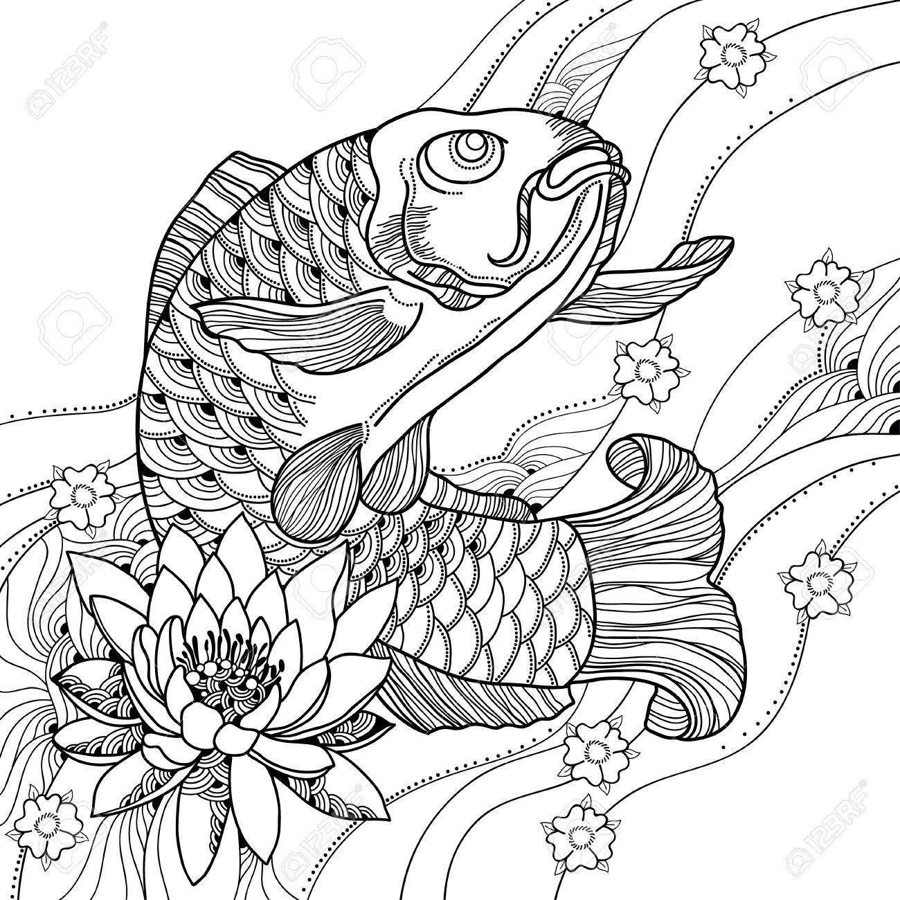 1300x1300 Illustration With Drawn Outline Koi Carp, Waves And Lotus Or Water