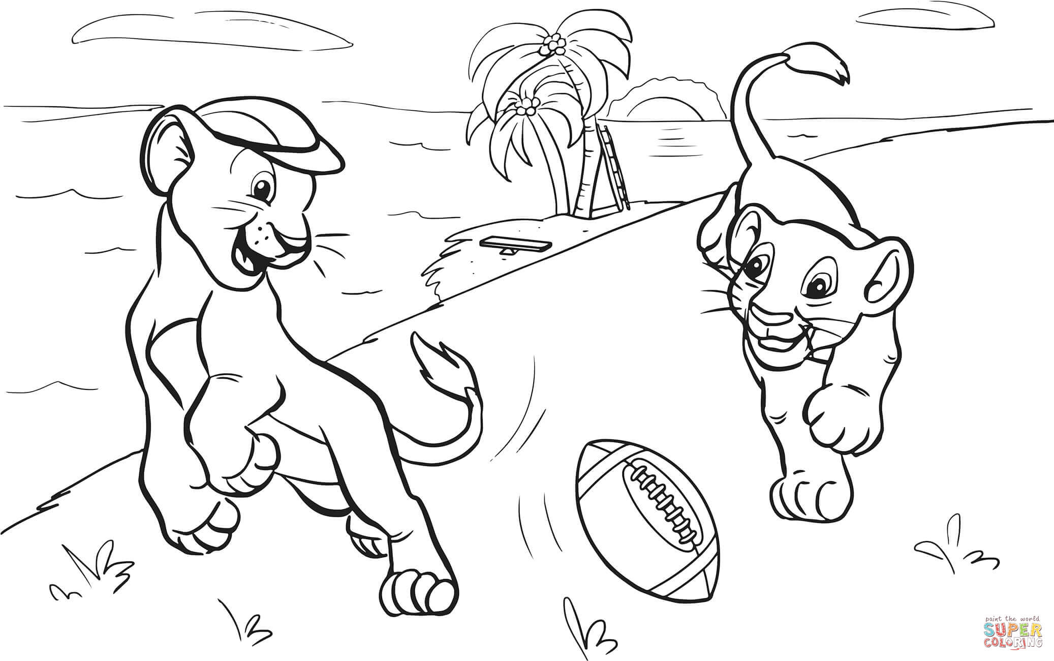 2074x1300 Lions Cubs Playing American Football Coloring Page Free