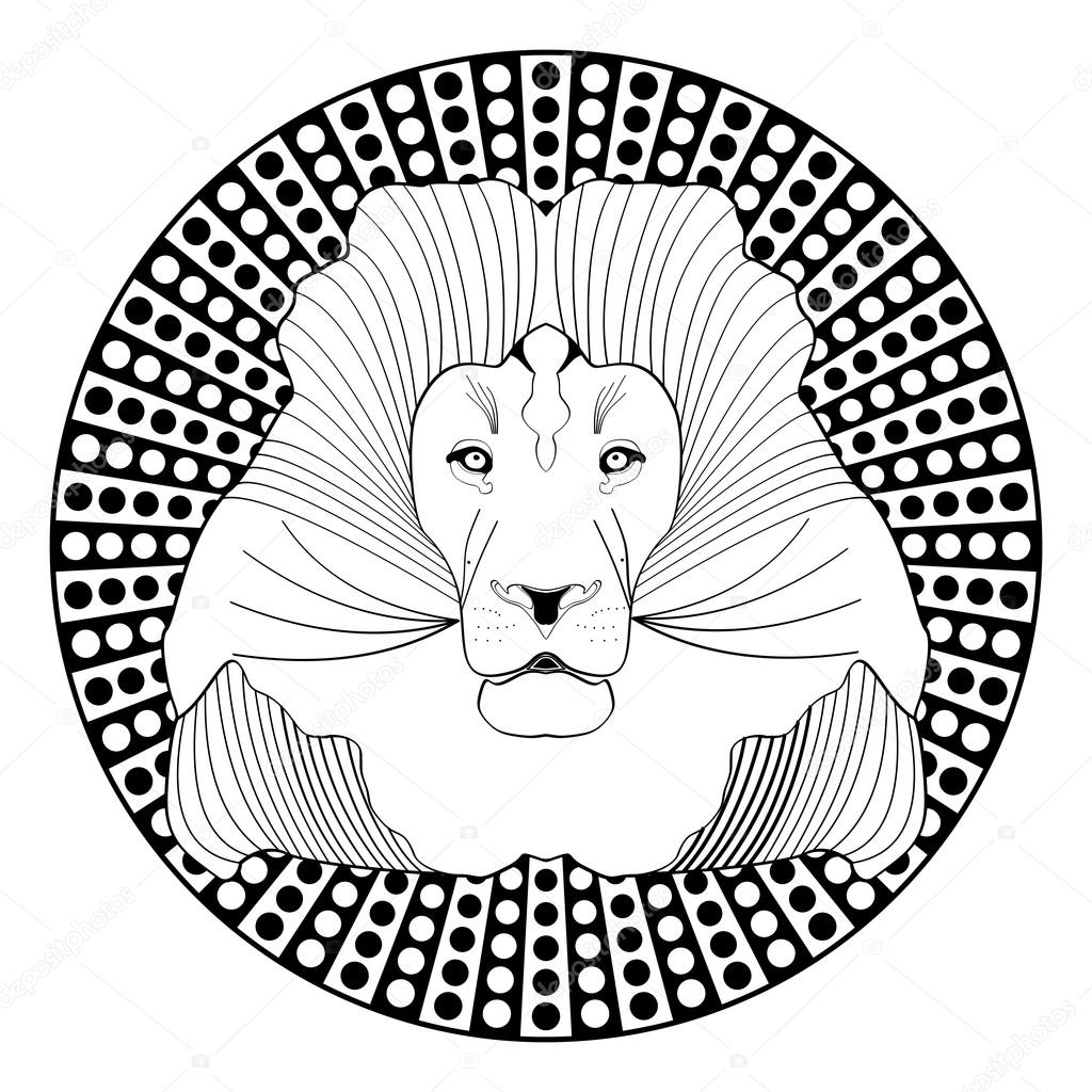 1024x1024 Lion Head, Patterned Symmetric Animal Drawing On Circle Dotted