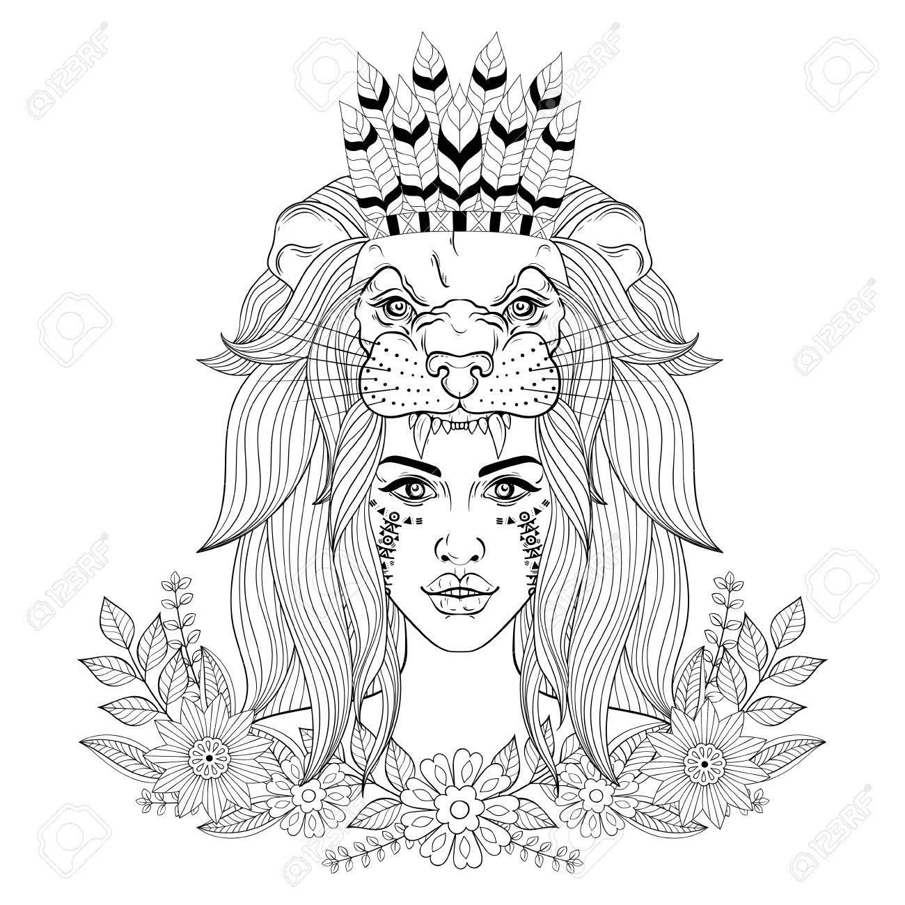 1300x1300 Portrait Of The Vintage Boho Girl With Lion Head Mask With War