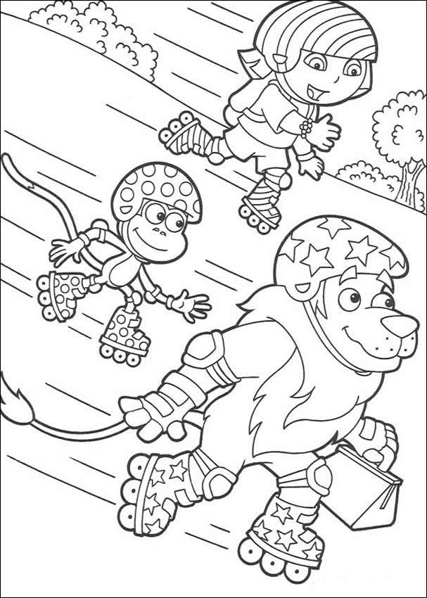 607x850 Dora Skating With Boots And Lion Coloring Page
