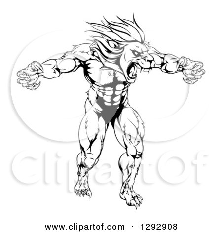 450x470 Clipart Of A Black And White Muscular Angry Lion Man Roaring