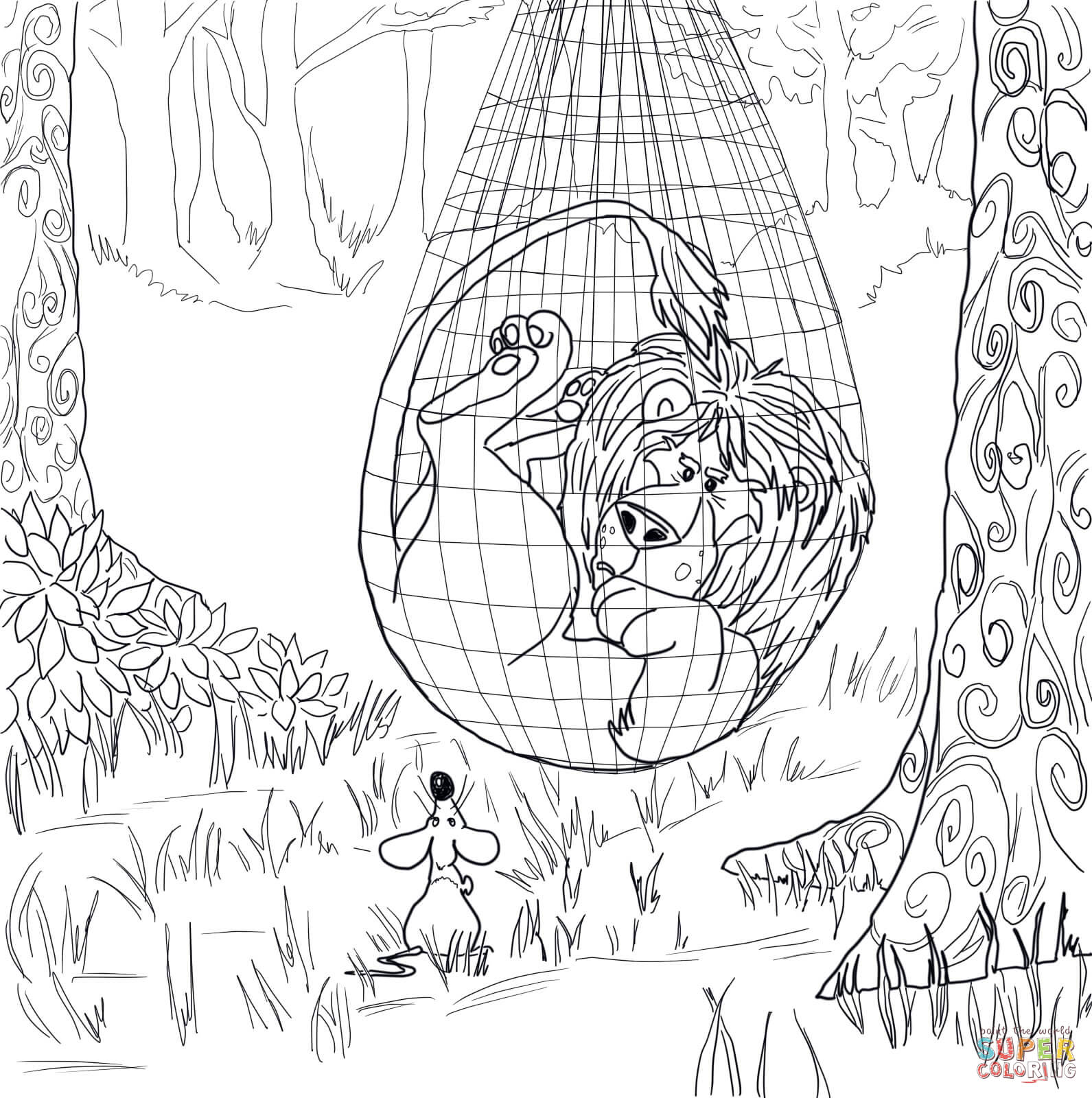 1591x1600 The Lion Trapped In The Net Coloring Page Free Printable