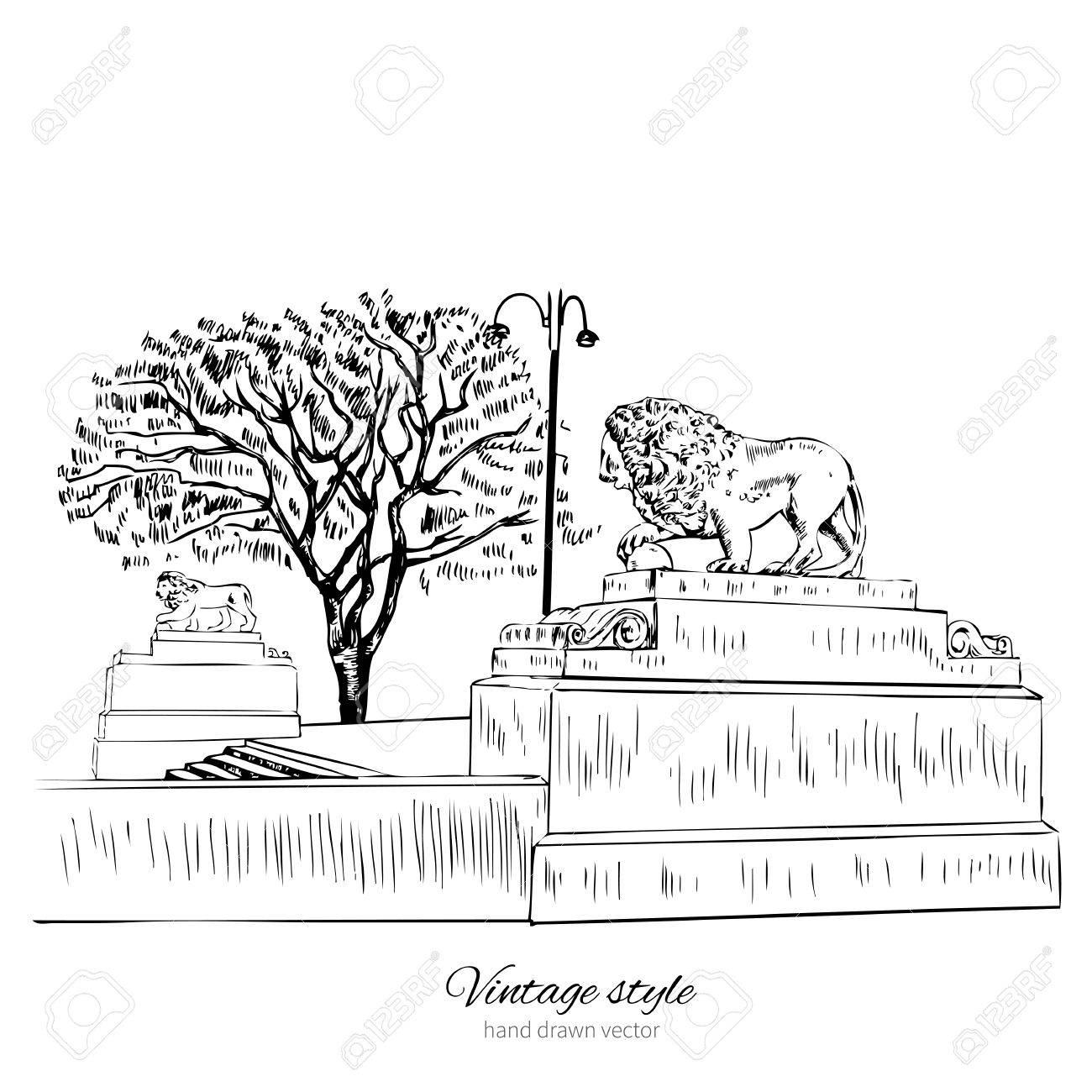 1300x1300 Lion Silhouette St. Petersburg Landmark Russia, Vector Hand Drawn