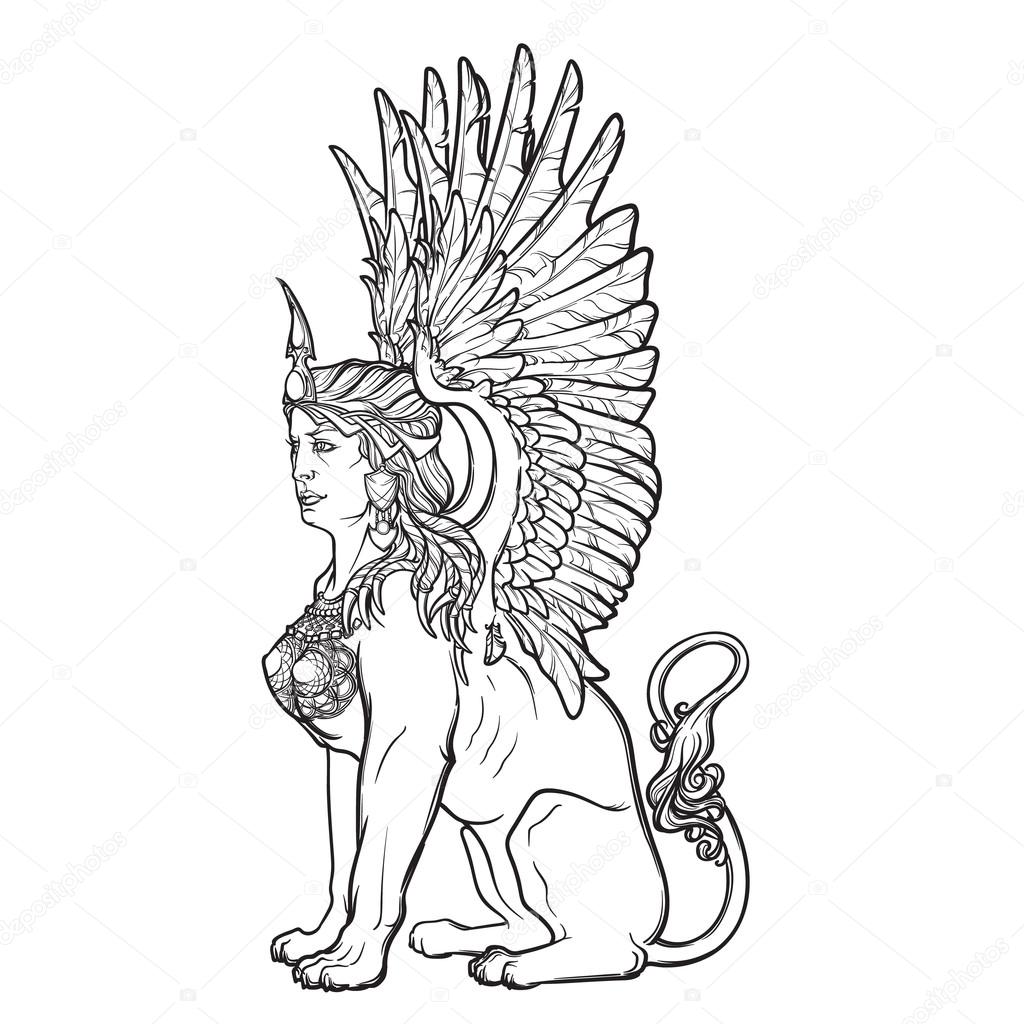 1024x1024 Sketch Drawing Of Sitting Sphinx Isolated On White Background