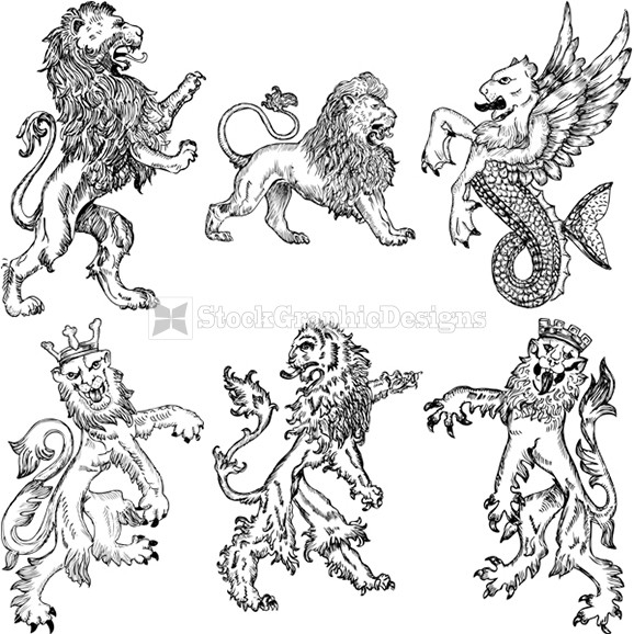 578x578 Hand Drawn Heraldic Lion Vector Set Stockgraphicdesigns
