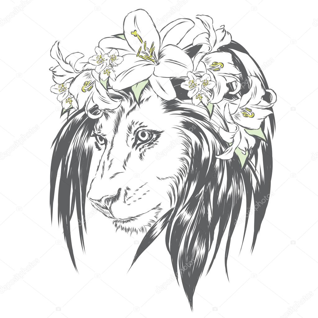 1024x1024 Beautiful Lion Wearing A Crown Of Flowers. King Of Beasts. Vector
