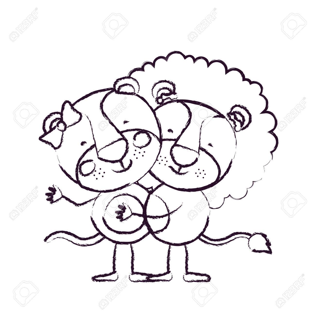 1300x1300 Blurred Sketch Contour Caricature With Couple Of Lioness