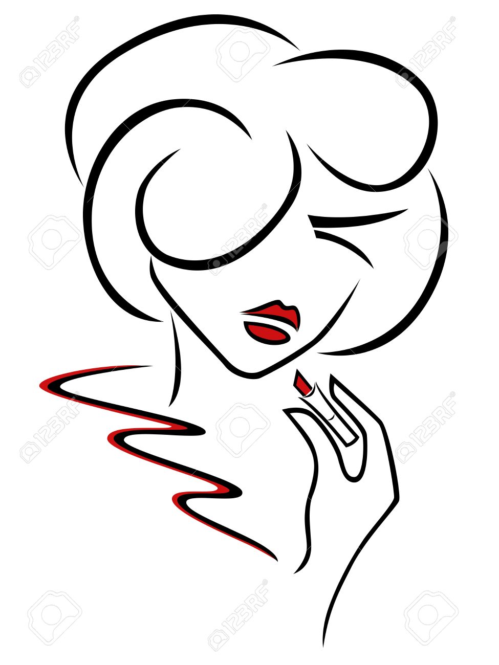 975x1300 Young Romantic Woman Uses A Red Lipstick, Outline Hand Drawing