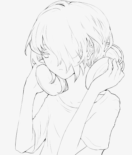 458x535 Little Girl Listening To Music, Line Drawings, Pencil Drawing