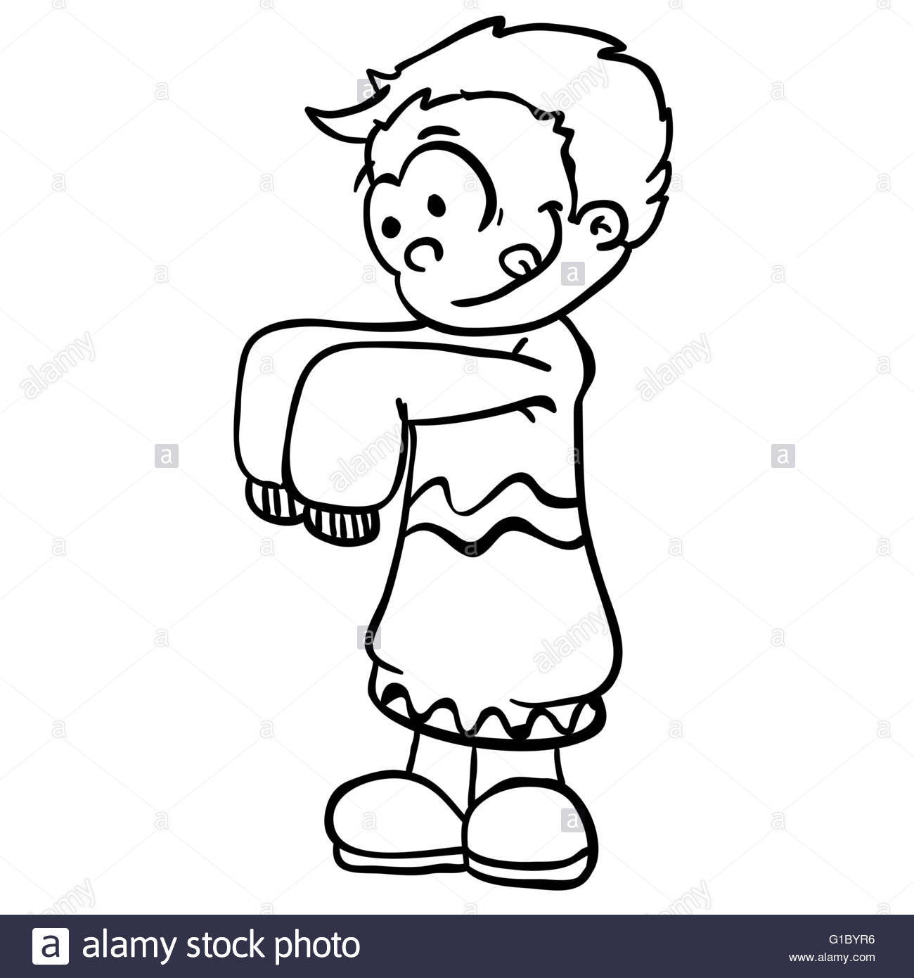 1300x1390 Simple Black And White Little Boy In Big Clothes Cartoon Stock