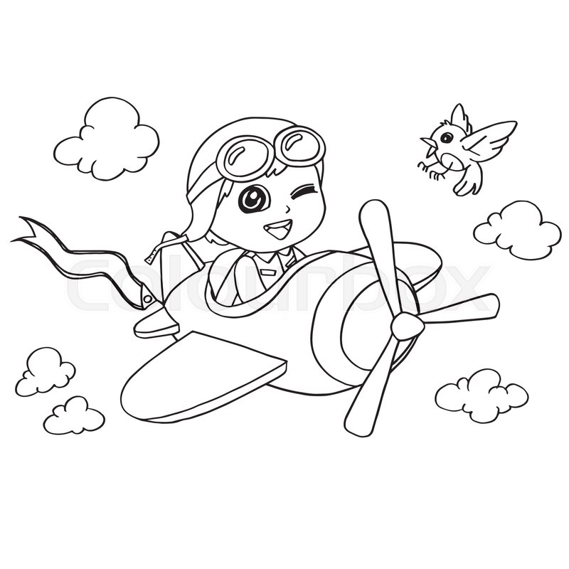 800x800 Image Of Little Boy Flying In A Toy Plane Coloring Page Vector