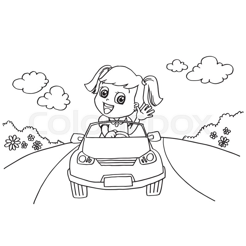 800x800 Image Of Little Girl Driving A Toy Car Coloring Page Vector