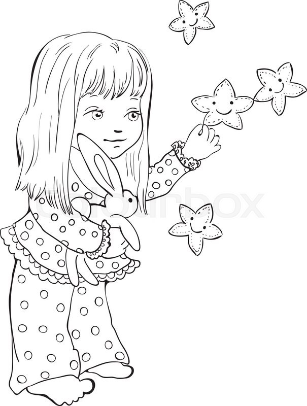 605x800 Cute Little Girl With Funny Stars. Digital Stamp. Vector Drawing