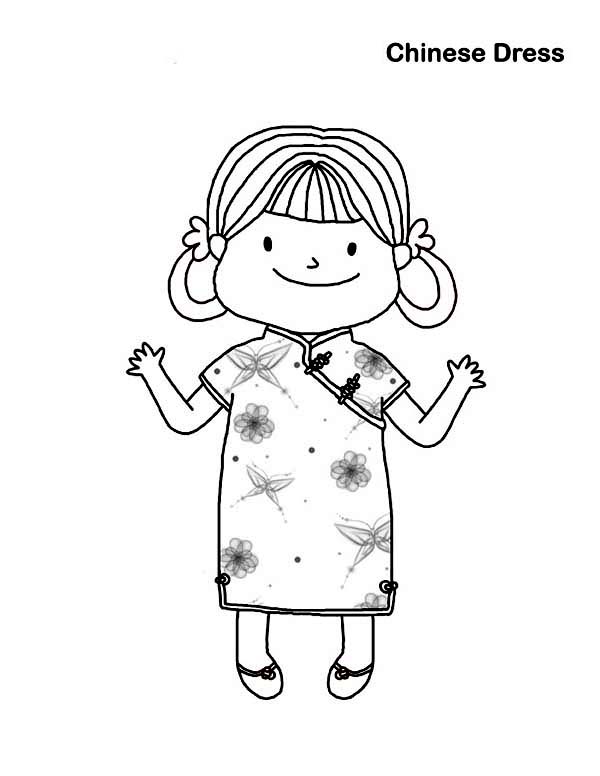 600x776 Little Girl Wearing Chinese Dress In Chinese Symbols Coloring Page