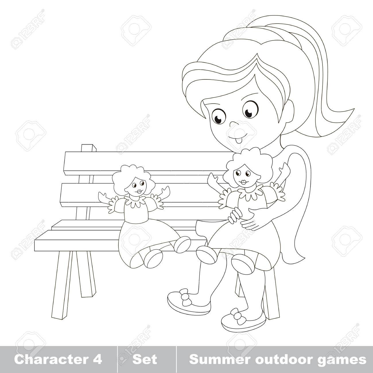 1300x1300 Page To Be Color. One Little Girl In Blue Dress Play With Her Toy