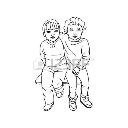 450x450 Vector Illustration Of Two Cute Little Girls Sitting On A Bench